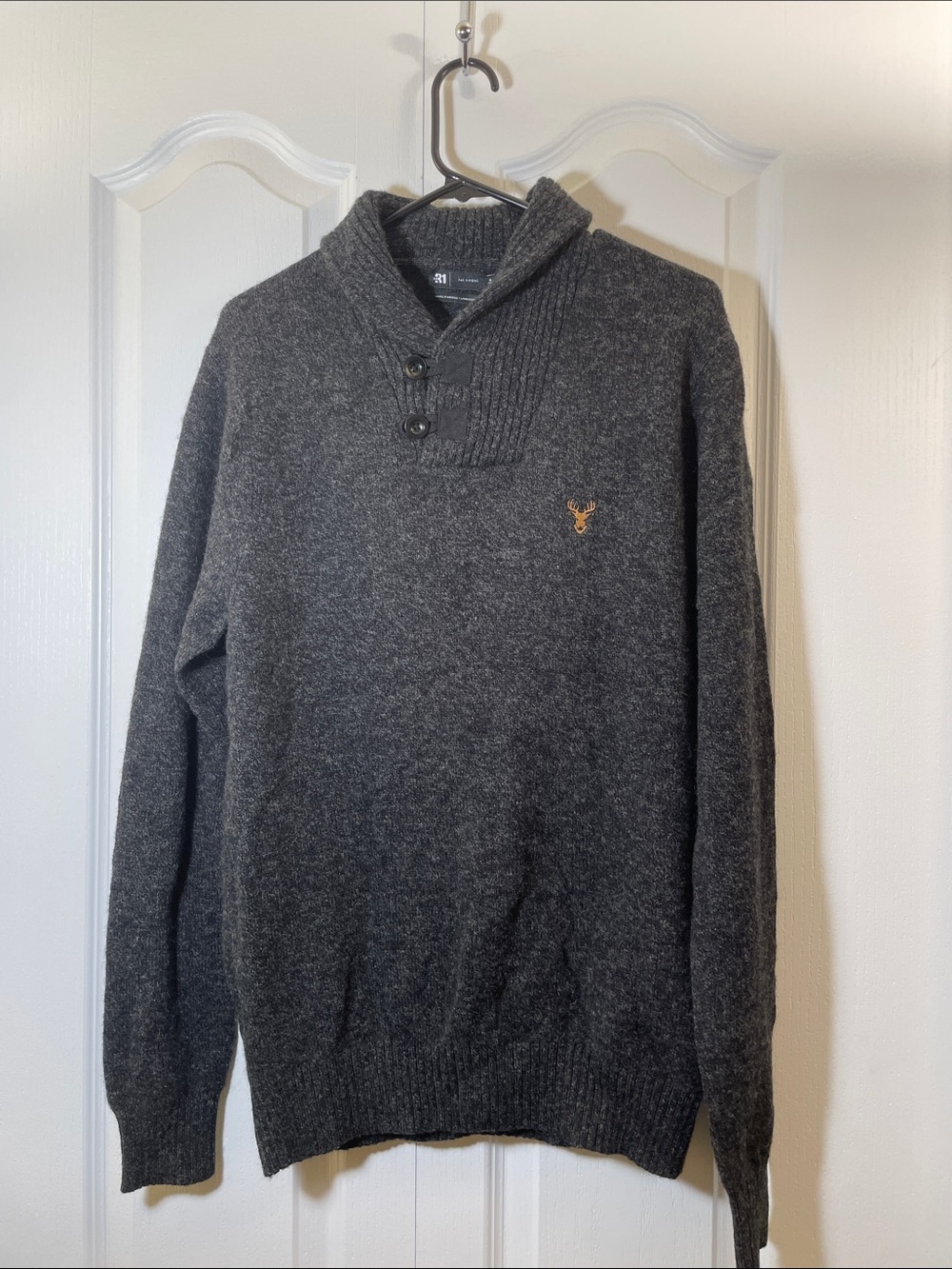 Simons Dark Gray V-Neck Shawl Pullover with Embroidered Crest